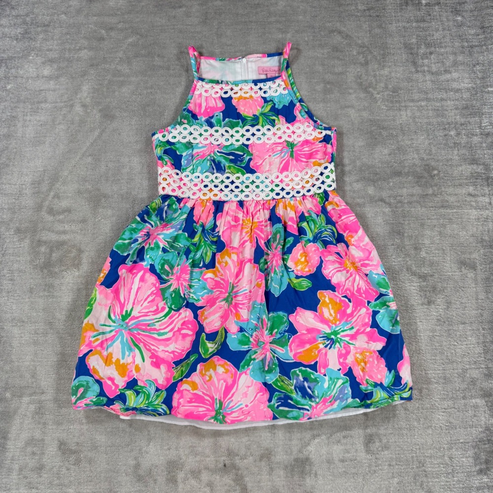 Lilly Pulitzer Dress Girls 10 Pink Floral Eyelet Lace Trim Halter Summer